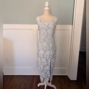 Just Me Blue and White Lace Midi Dress with Square Neckline